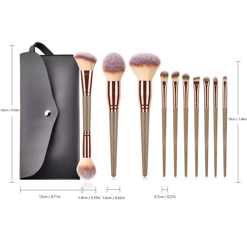 Rose Gold and Gray Soft Bristle Portable Makeup Brush 10-Piece Set