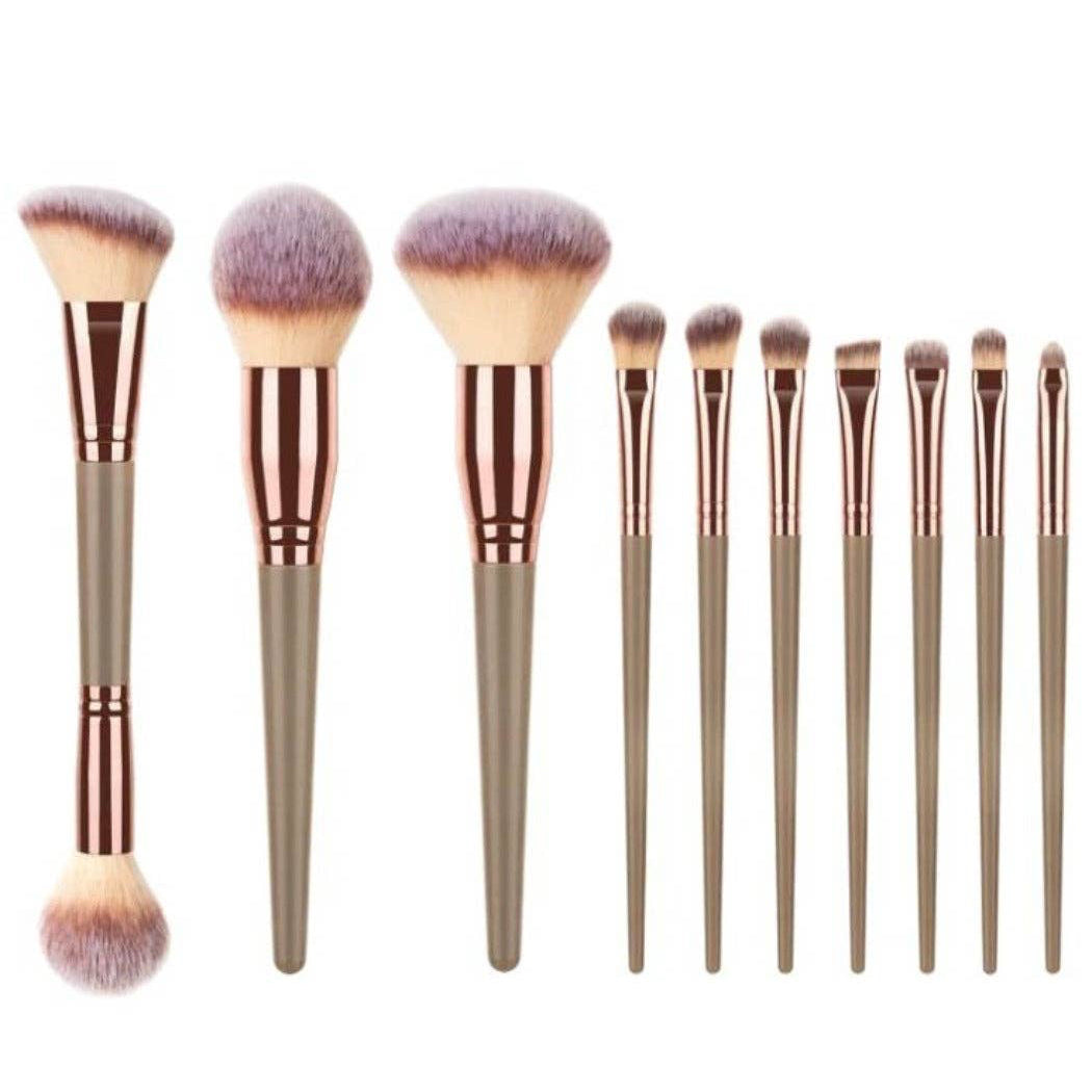 Rose Gold and Gray Soft Bristle Portable Makeup Brush 10-Piece Set