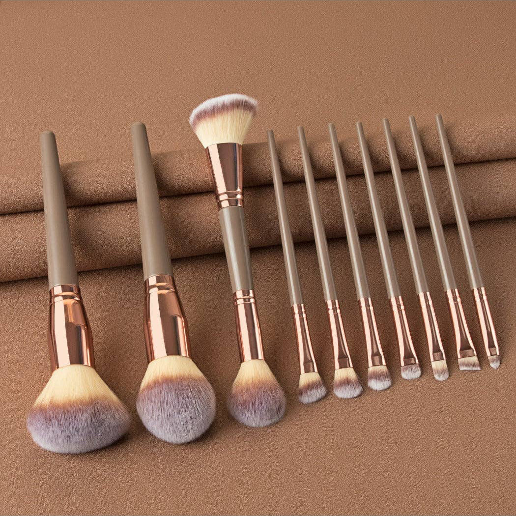 Rose Gold and Gray Soft Bristle Portable Makeup Brush 10-Piece Set