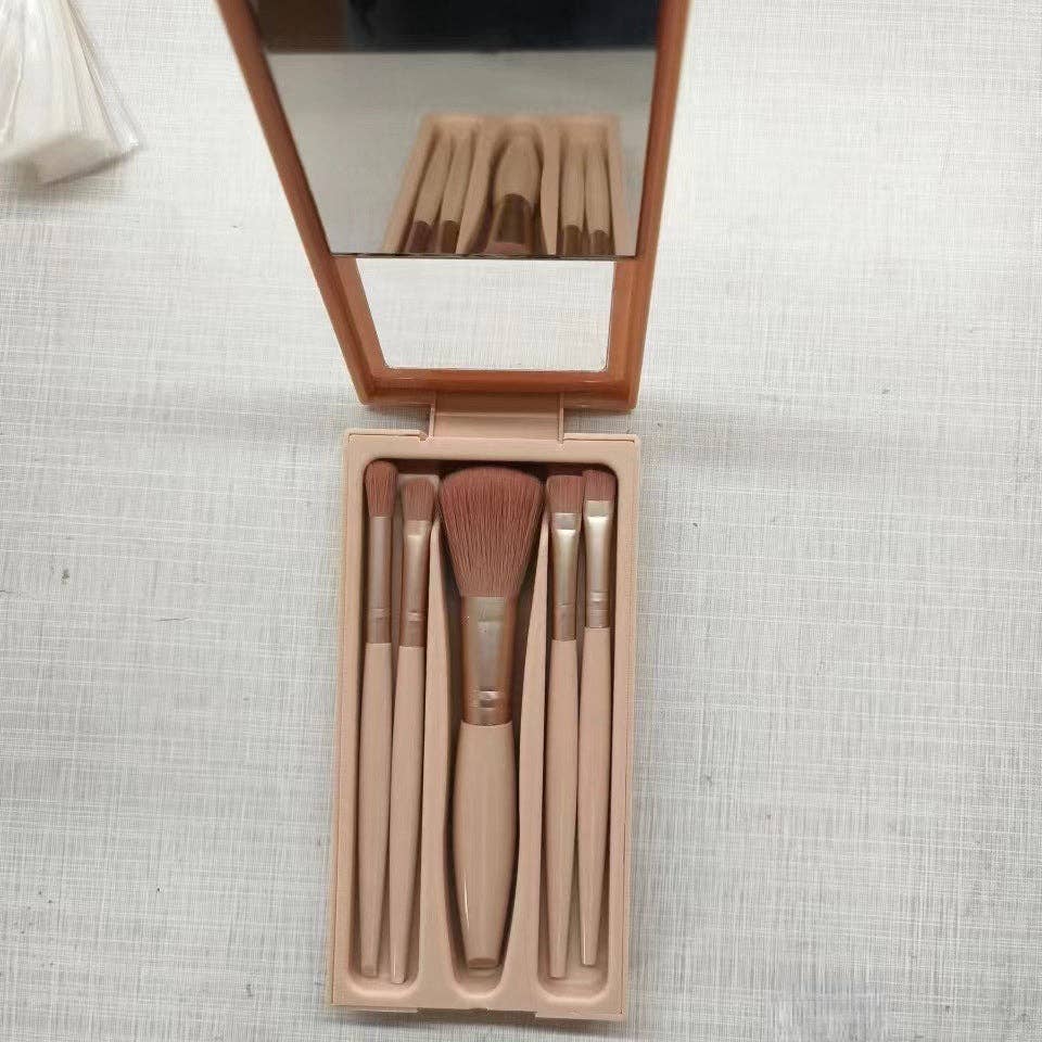 Vintage Vibe Compact 5-Piece Makeup Brush Set with Mirror, Portable Travel Kit