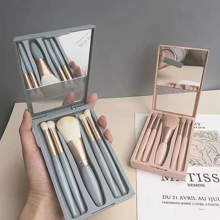 Vintage Vibe Compact 5-Piece Makeup Brush Set with Mirror, Portable Travel Kit
