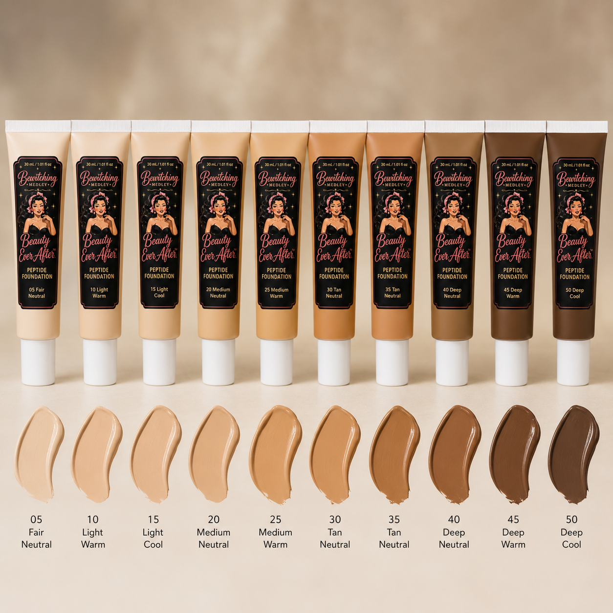 Beauty Ever After Peptide Foundation tube front view — Bewitching Medley luxury skin-perfecting foundation with peptides