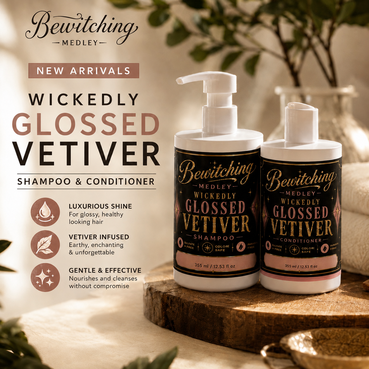 Wickedly Glossed Vetiver Shampoo lifestyle shot — Bewitching Medley luxury hair care