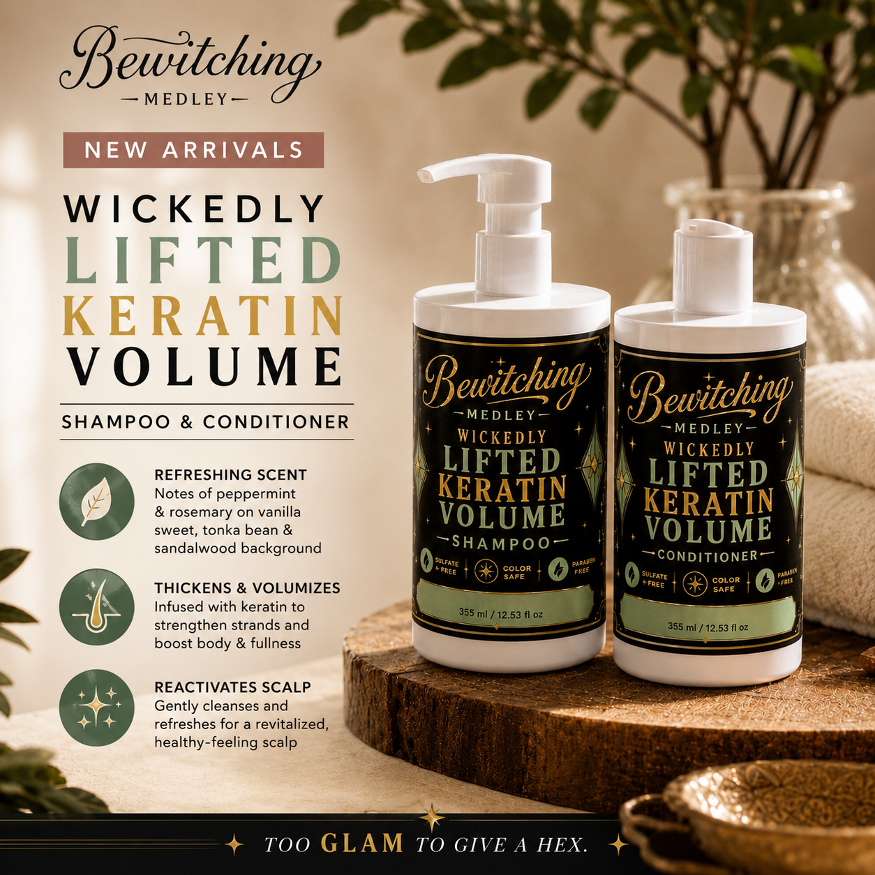Wickedly Lifted Keratin Volume Shampoo lifestyle shot — Bewitching Medley luxury haircare collection