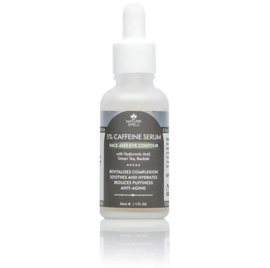 Nature Spell 5% Caffeine Serum 1 fl oz bottle front view — energizing face and eye contour serum for puffiness and dark circles