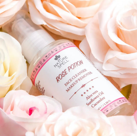 Nature Spell Rose Potion Face Cleanser bottle detail — premium natural makeup remover and face wash with rose extract