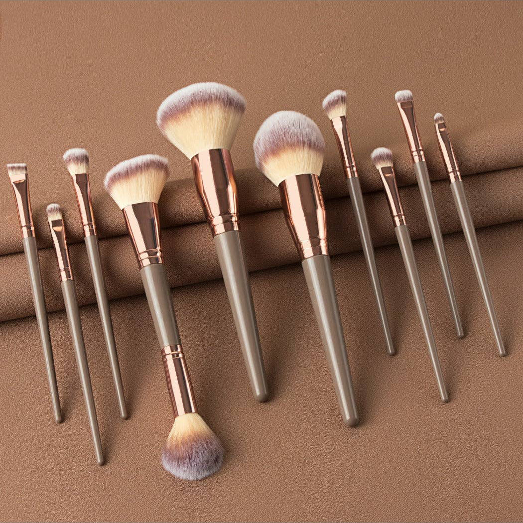 Rose Gold and Gray Soft Bristle Portable Makeup Brush 10-Piece Set