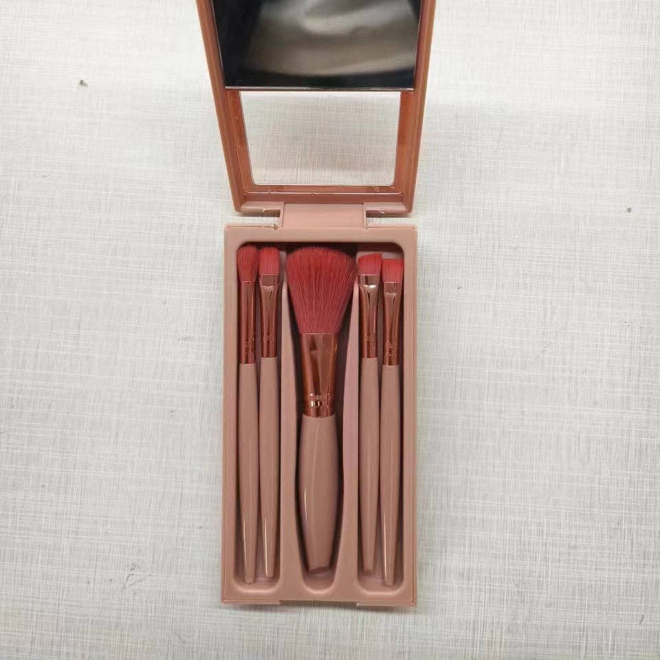 Vintage Vibe Compact 5-Piece Makeup Brush Set with Mirror, Portable Travel Kit