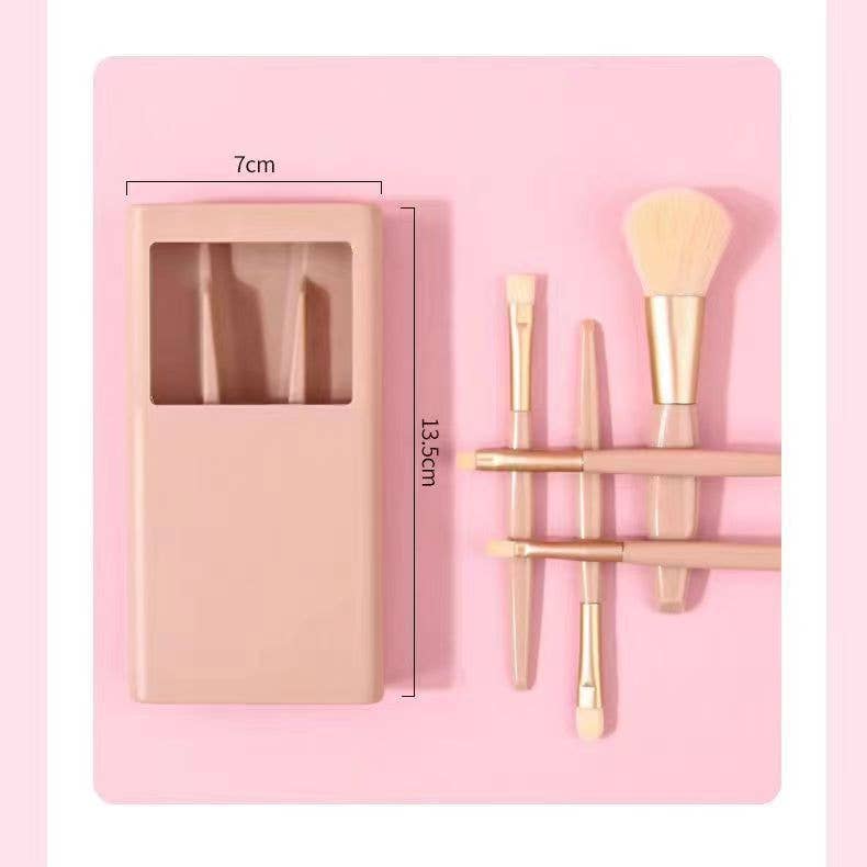 Vintage Vibe Compact 5-Piece Makeup Brush Set with Mirror, Portable Travel Kit