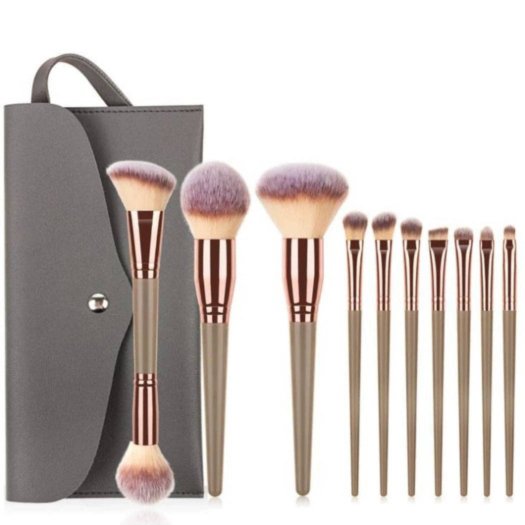 Rose Gold and Gray Soft Bristle Portable Makeup Brush 10-Piece Set