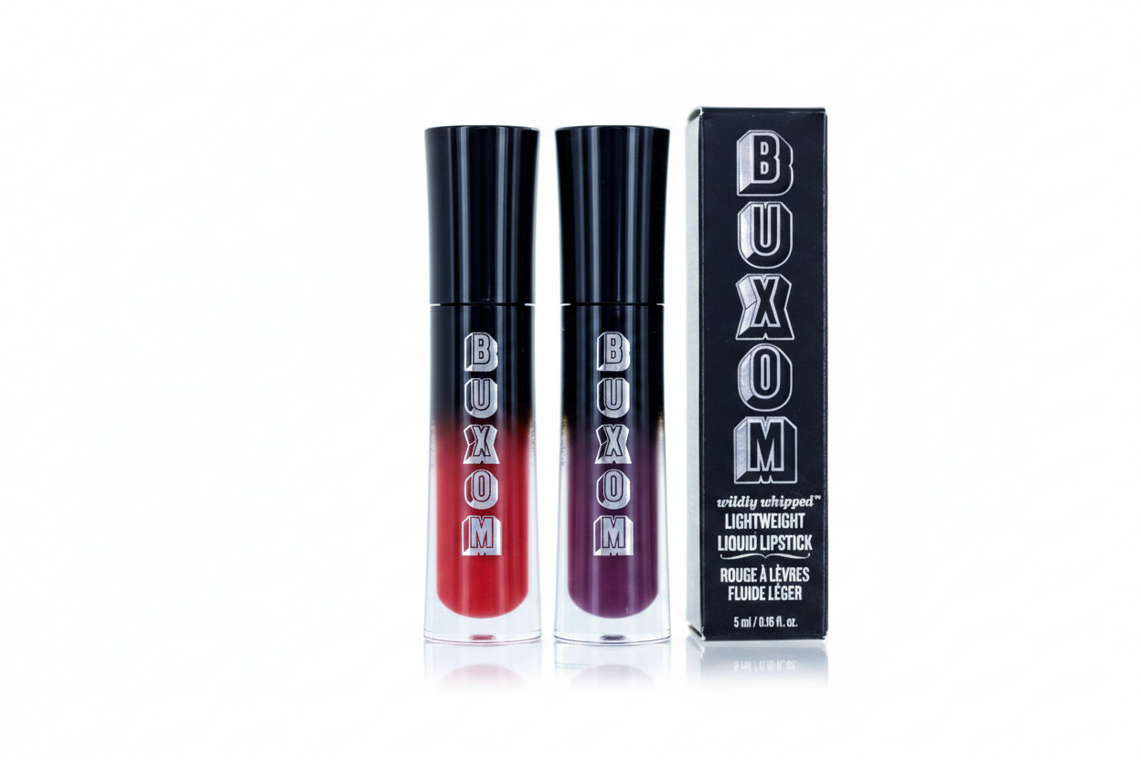 Buxom Wildly Whipped Liquid Lipstick red tube and plum tube with box, close together