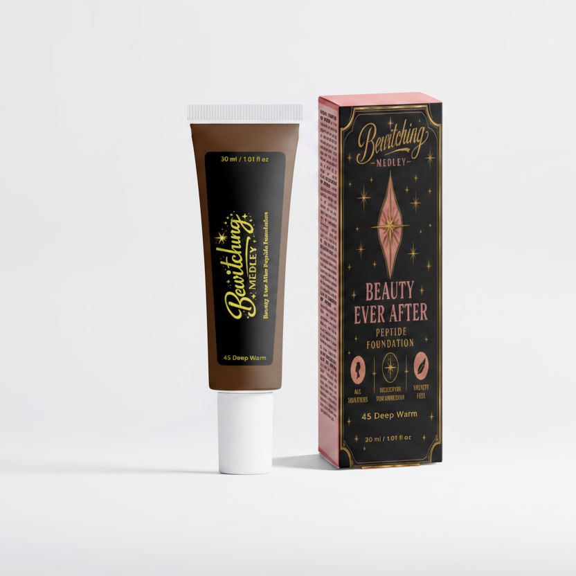 Beauty Ever After Peptide Foundation 45 Deep Warm tube and box side by side