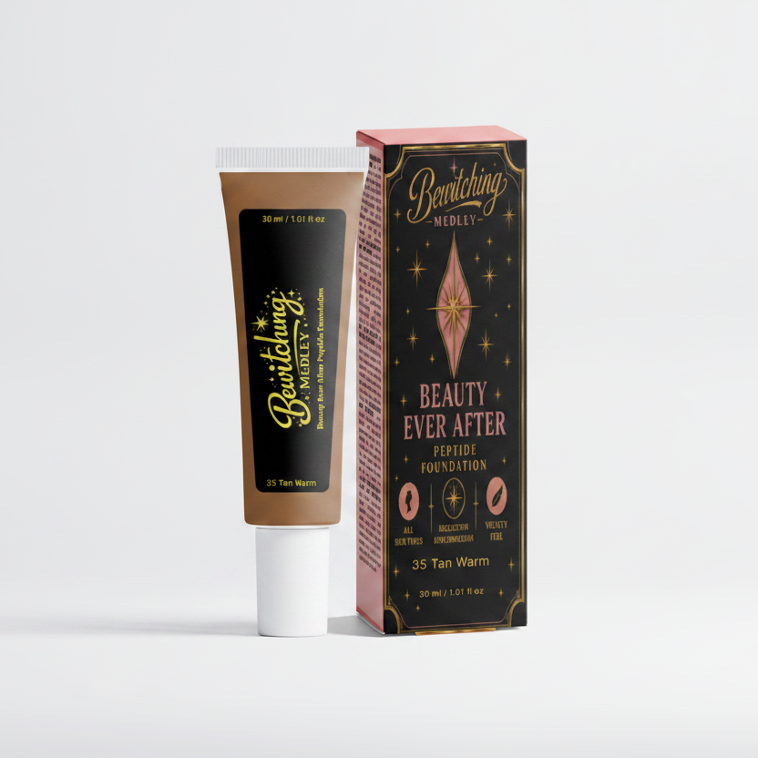 Beauty Ever After Peptide Foundation 35 Tan Warm tube and box side by side