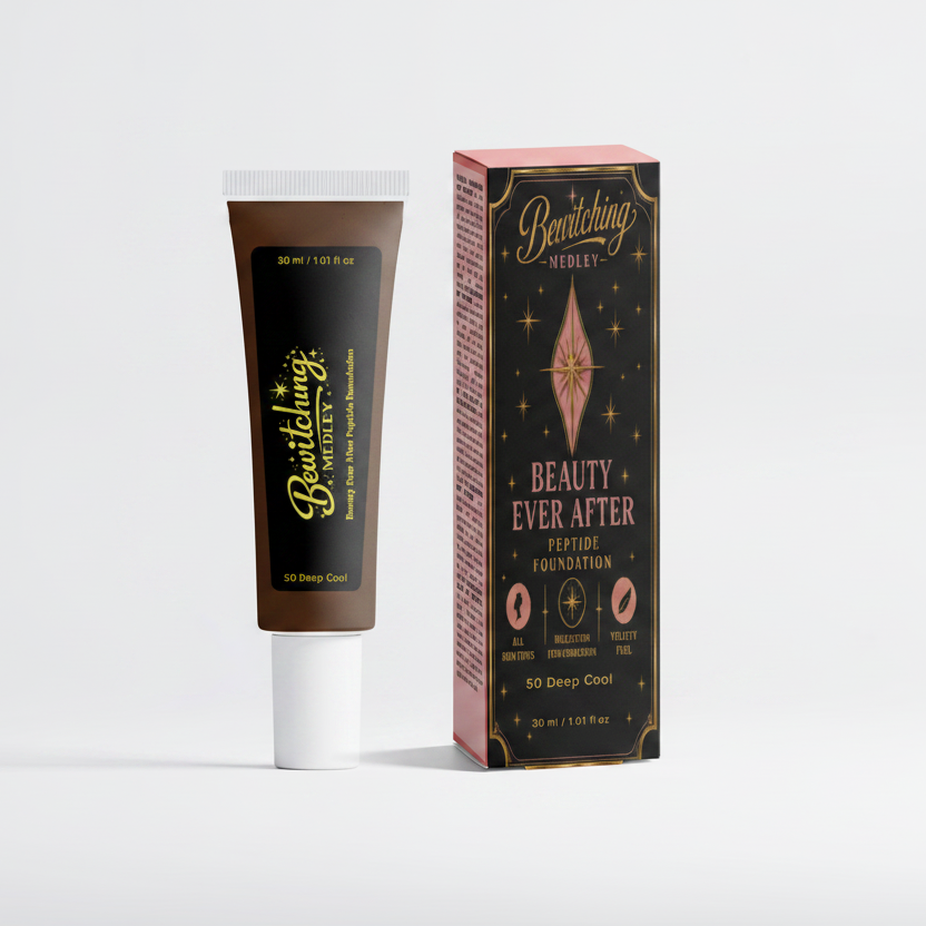 Beauty Ever After Peptide Foundation 50 Deep Cool tube and box side by side